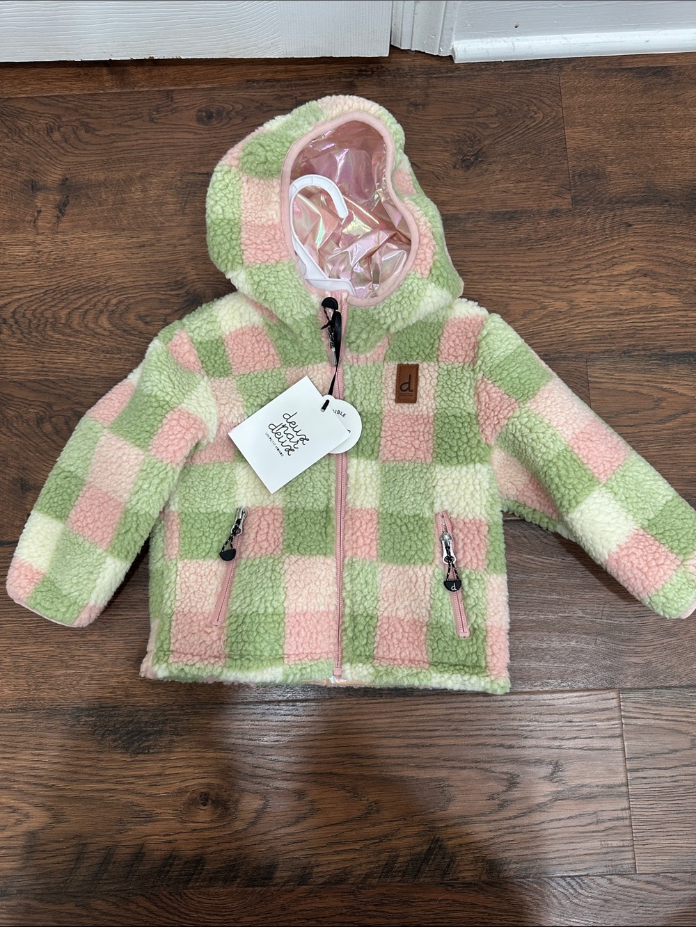 deux par deux Pink & Green Check Sherpa Hooded Coat